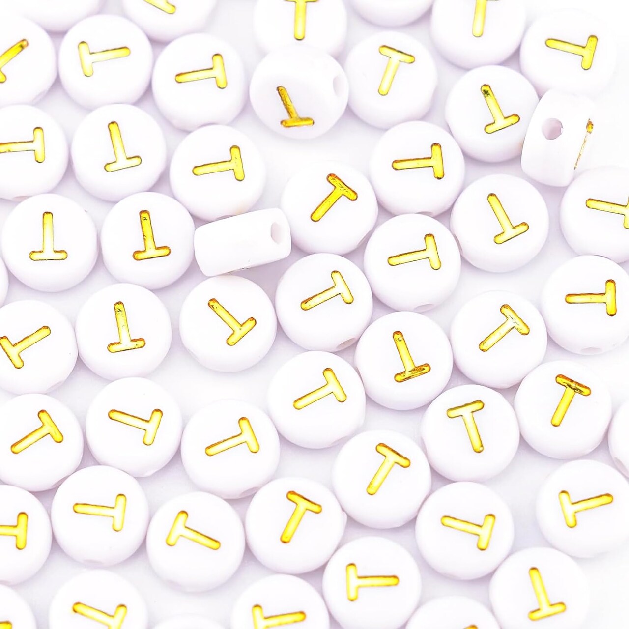 300Pcs Gold Letter Beads T 4X7mm Individual Round Alphabet Beads for Friendship Bracelets Making